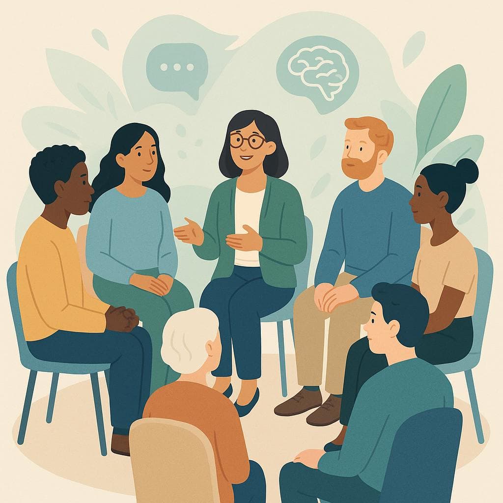 Therapist leading diverse group therapy. thought bubbler brain bubble above