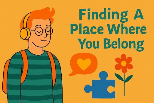 image of guy with red hair closed eyes listening to music with heart icon puzzle piece and flower with text "find a place where you belong"