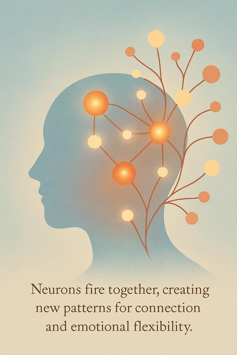 Person silhouette. with neuron tree with glowing nodes. With text overlay says Neurons fire together, creating new patterns for connection and emotional flexibility.