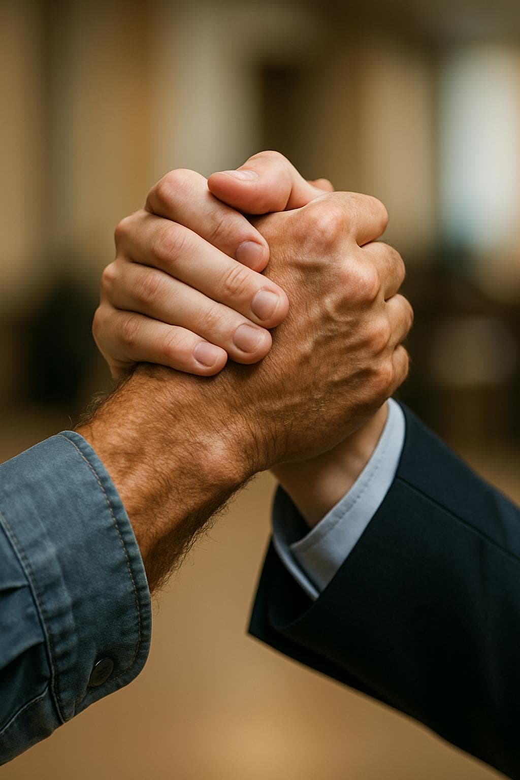 men clasping hands. one in jean jacket and one with blazer and dress shirt